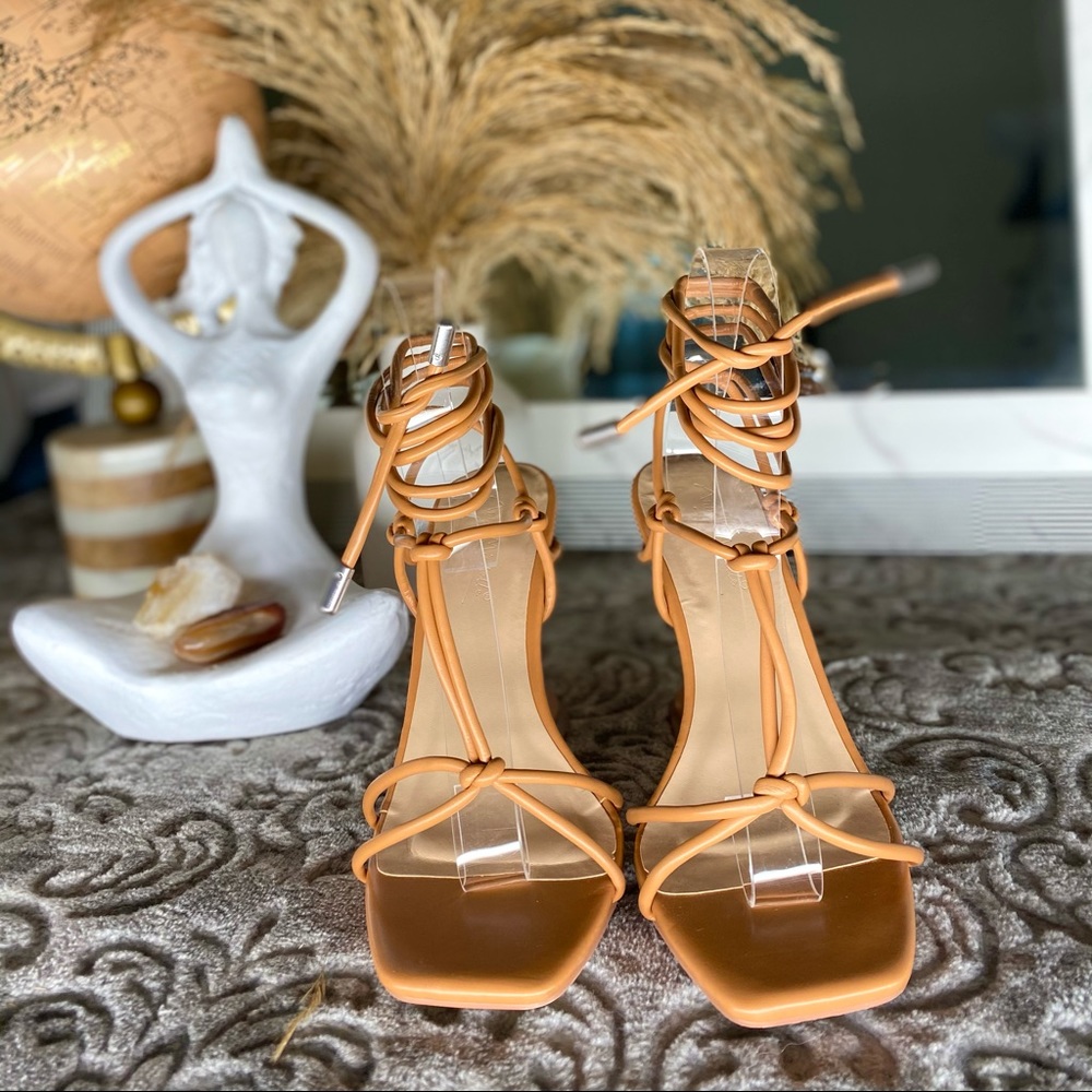 Tan lace up heel square heel